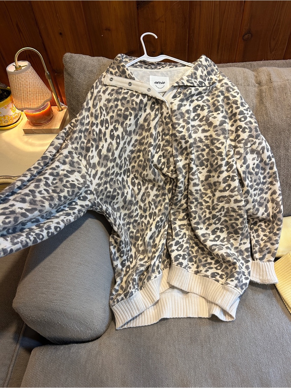 aerie Leopard Print Pullover Hoodie - Cream & Gray